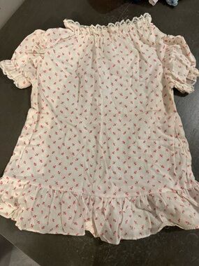 Vintage 1980s Cream Floral Ruffle Blouse with Pink Rose Print